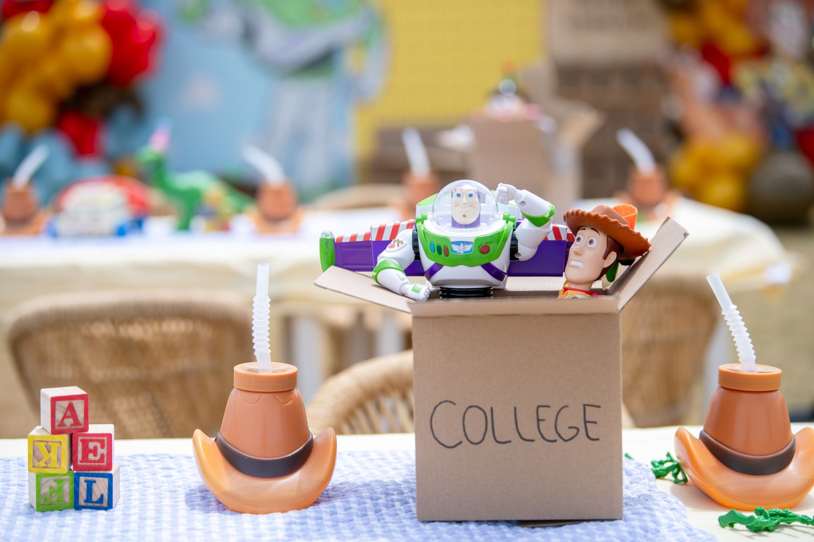 Toy Story themed table details with a college box