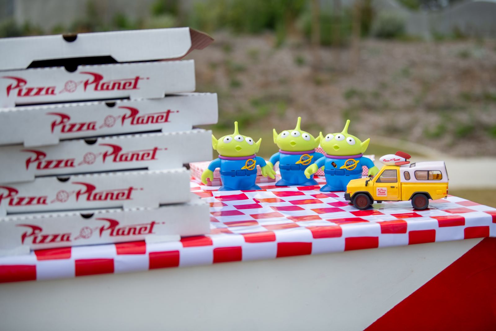 Pizza Planet themed picnic with a checkered runner