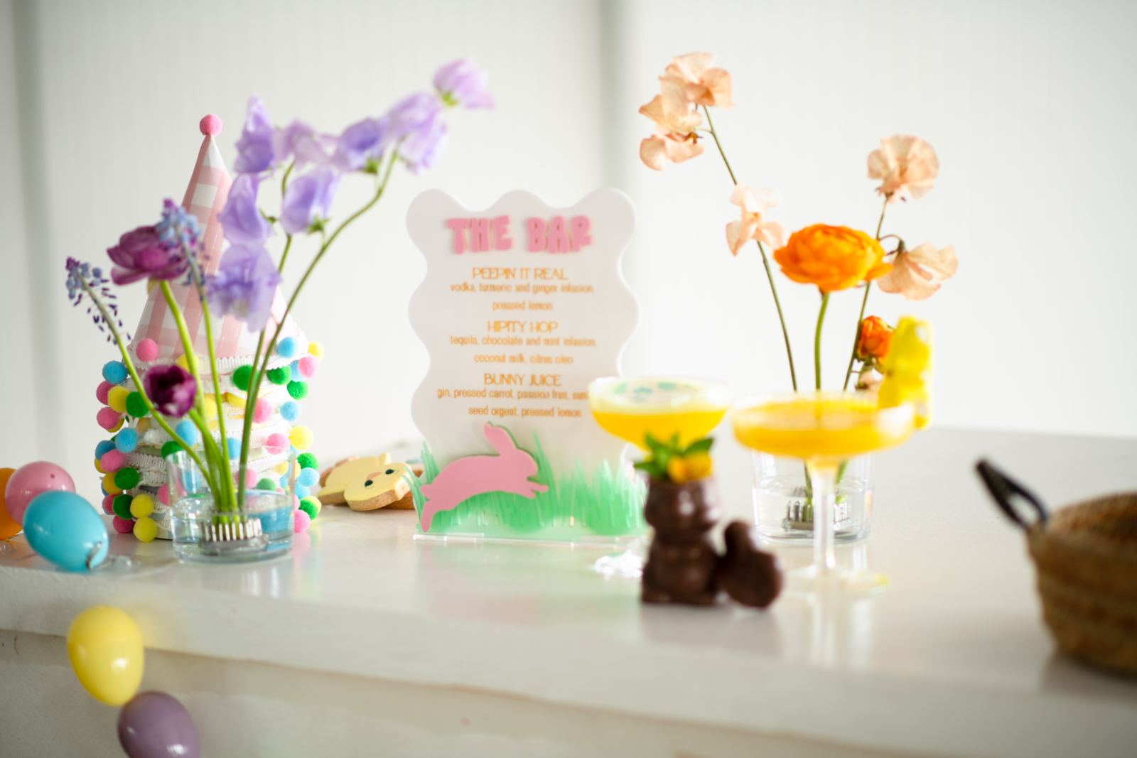 Bright spring florals styled on a low kids table