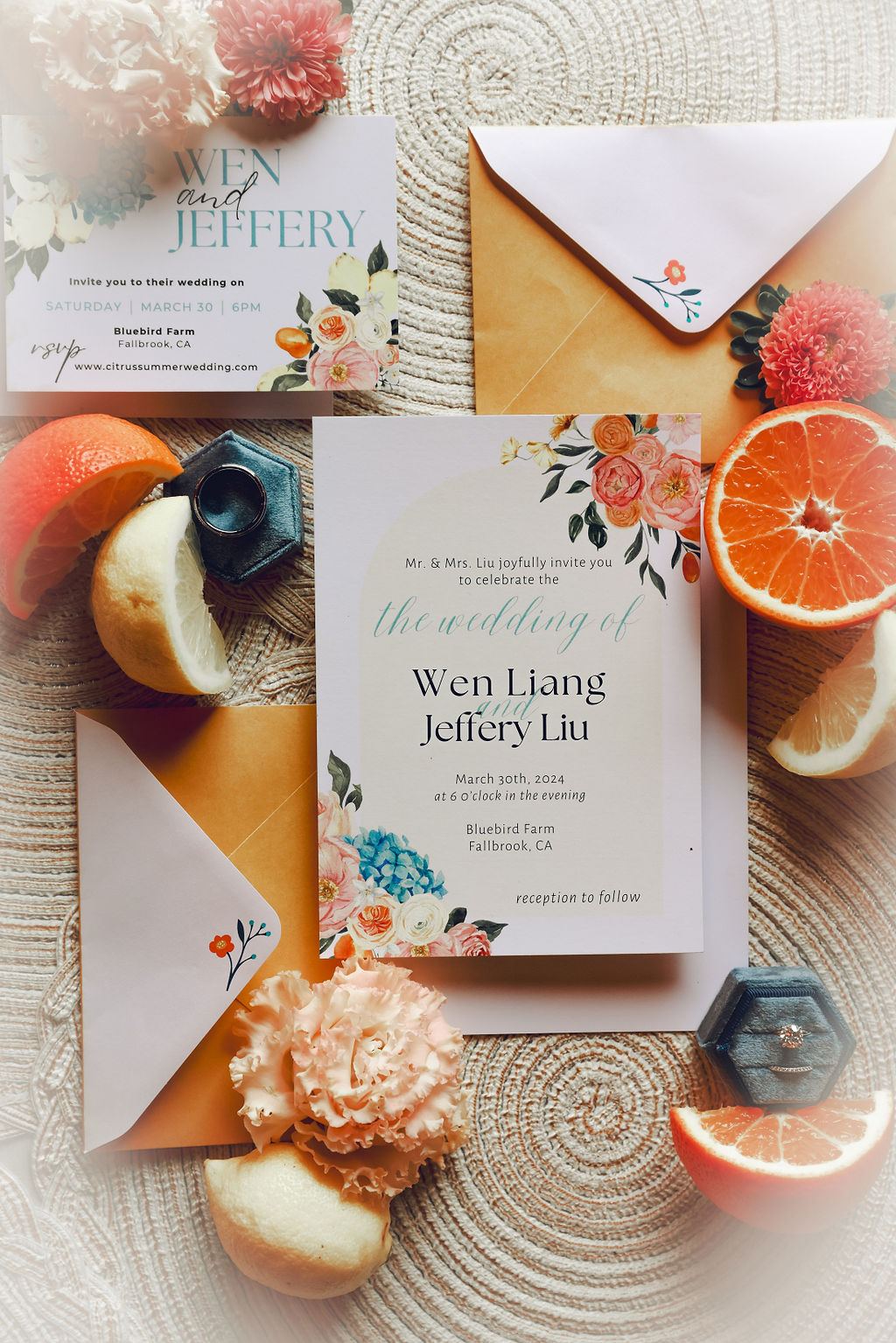 Wedding invitation suite styled with citrus