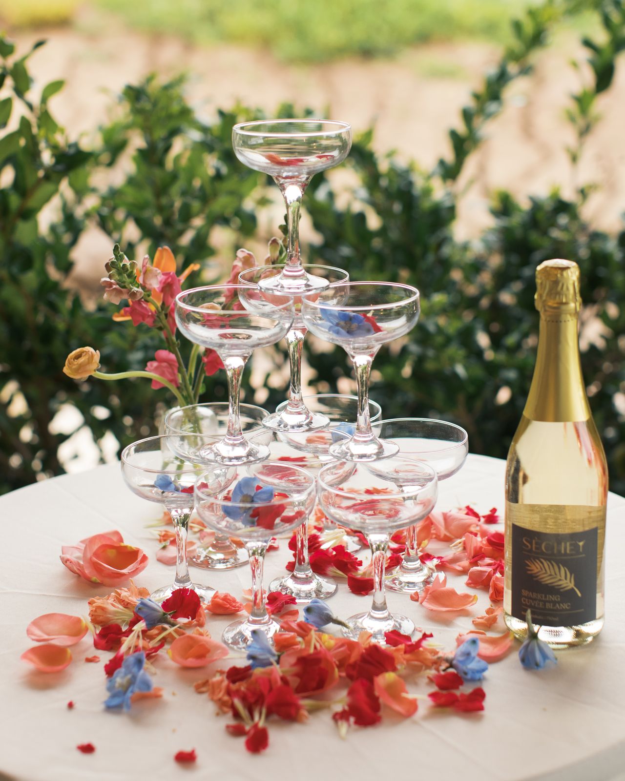 Champagne tower with pink florals and coupe glasses