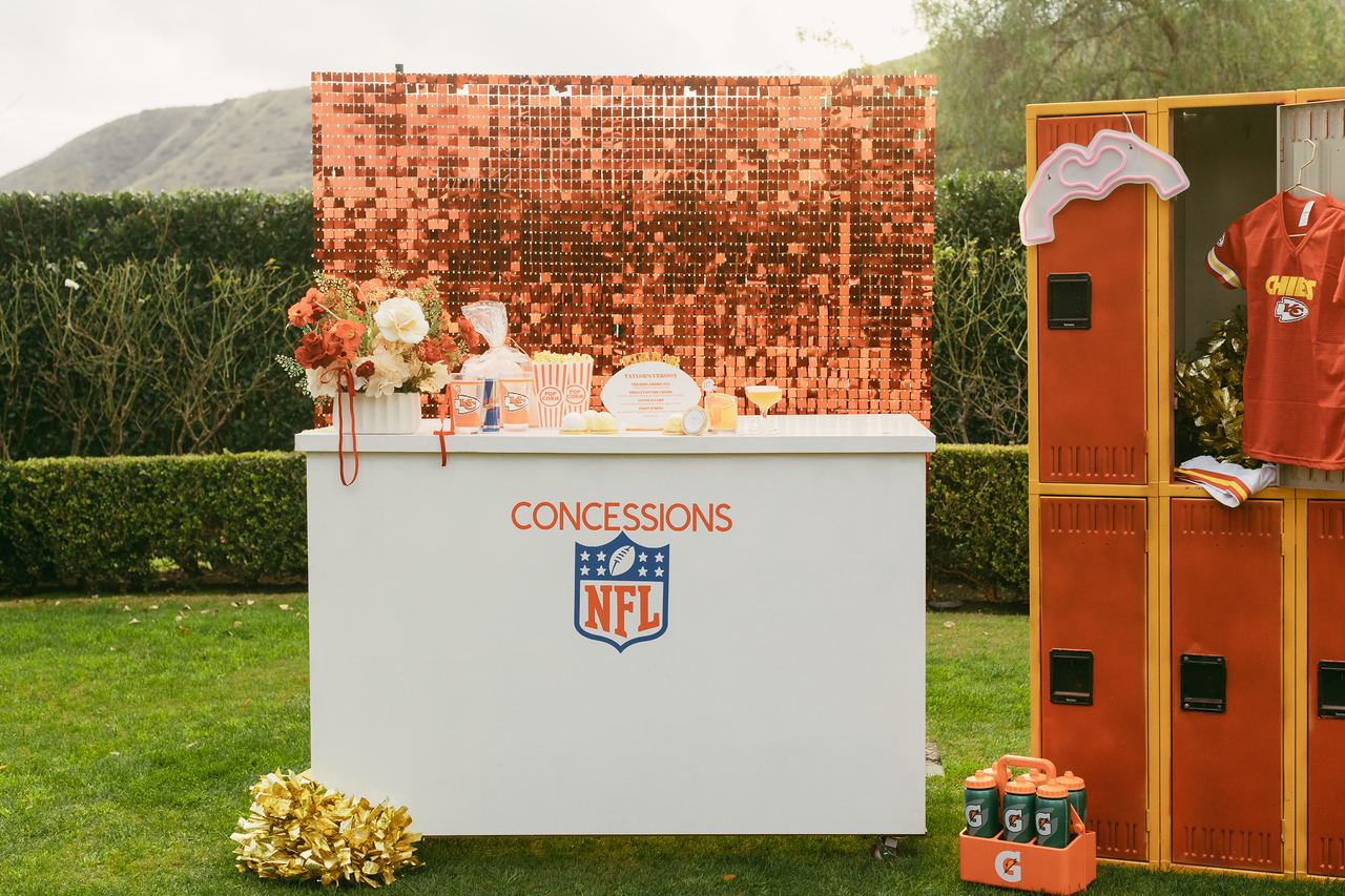 Football concessions stand with a shimmer wall backdrop