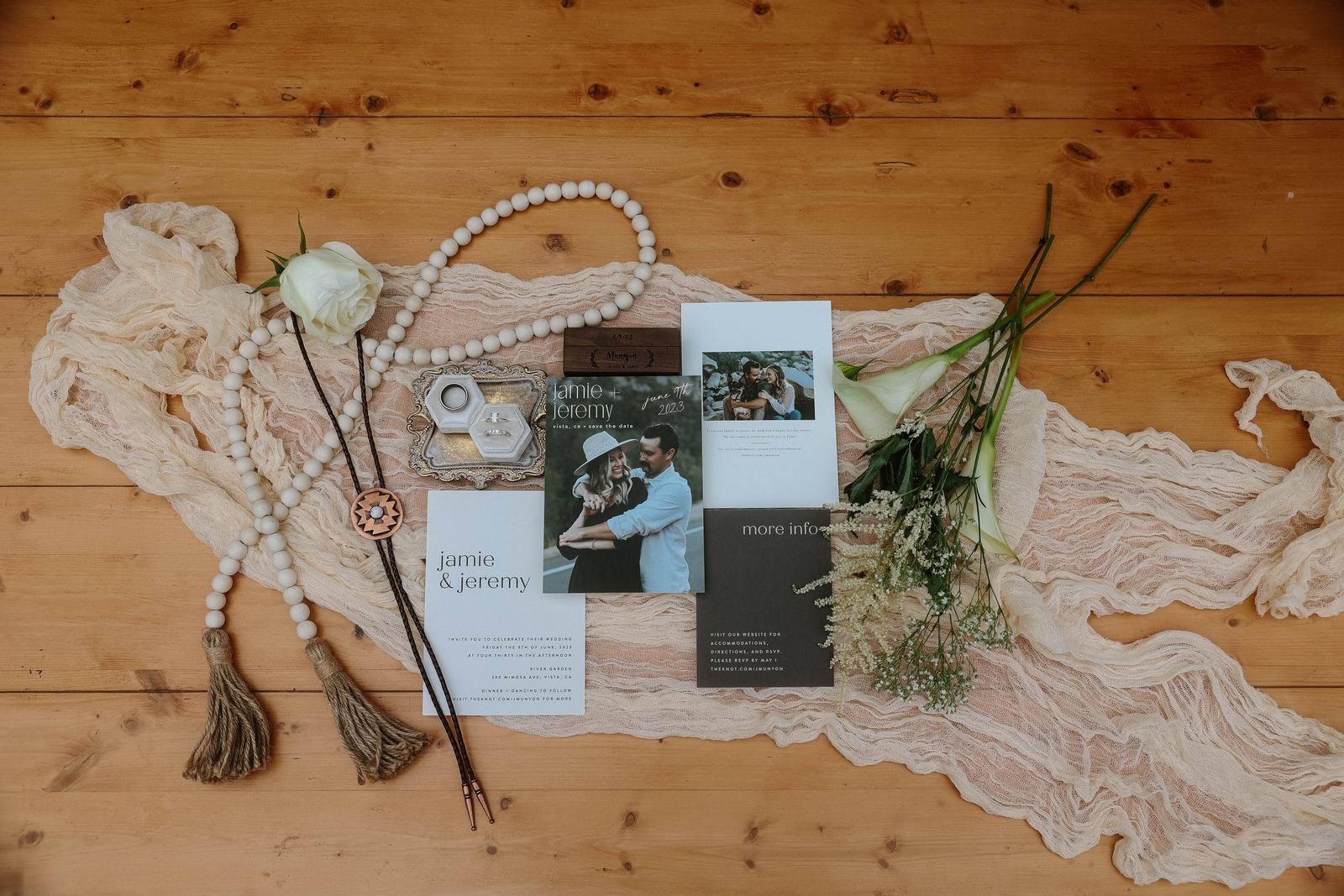 Wedding heirloom details laid out on wood