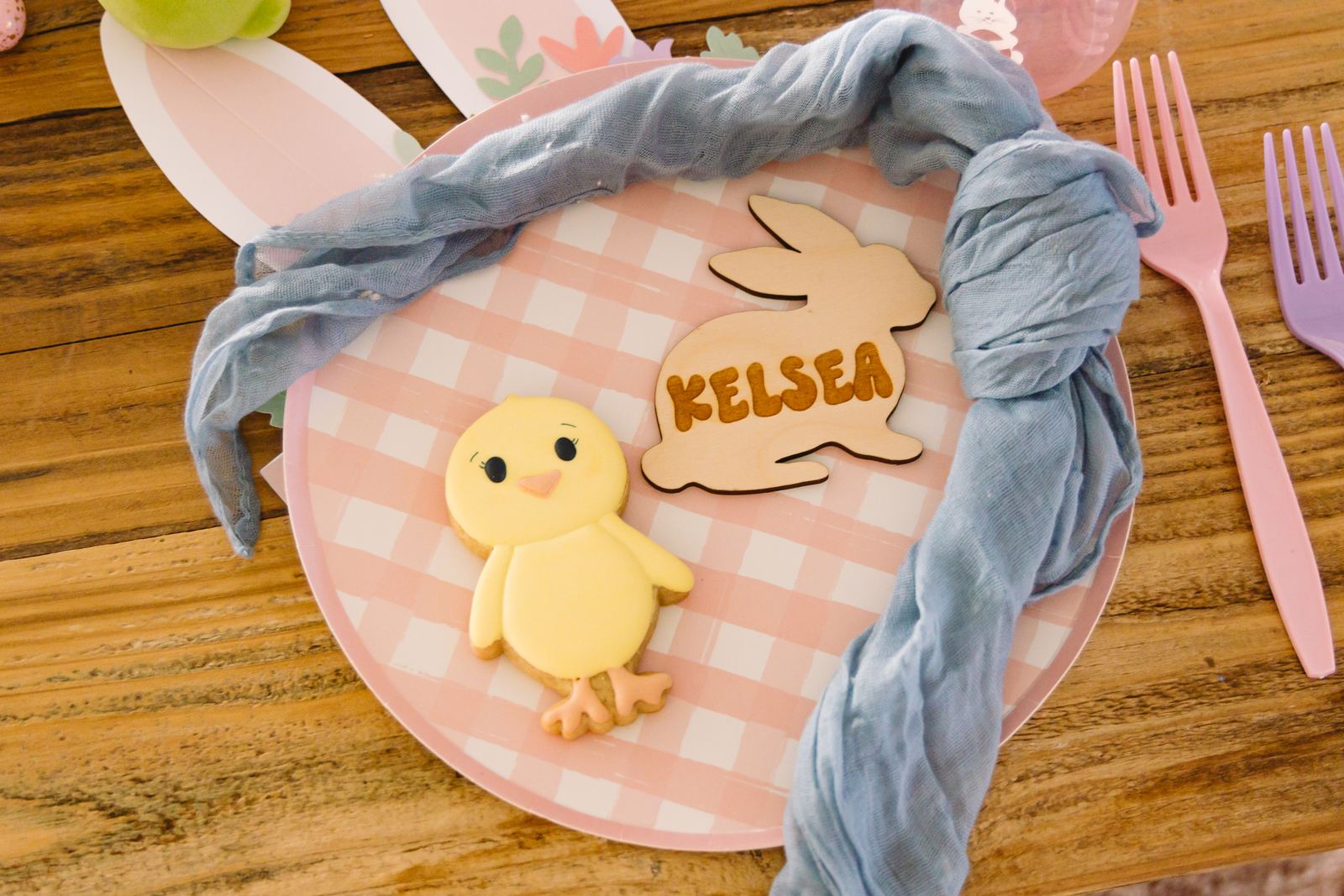 Bunny themed kids place settings on gingham plates