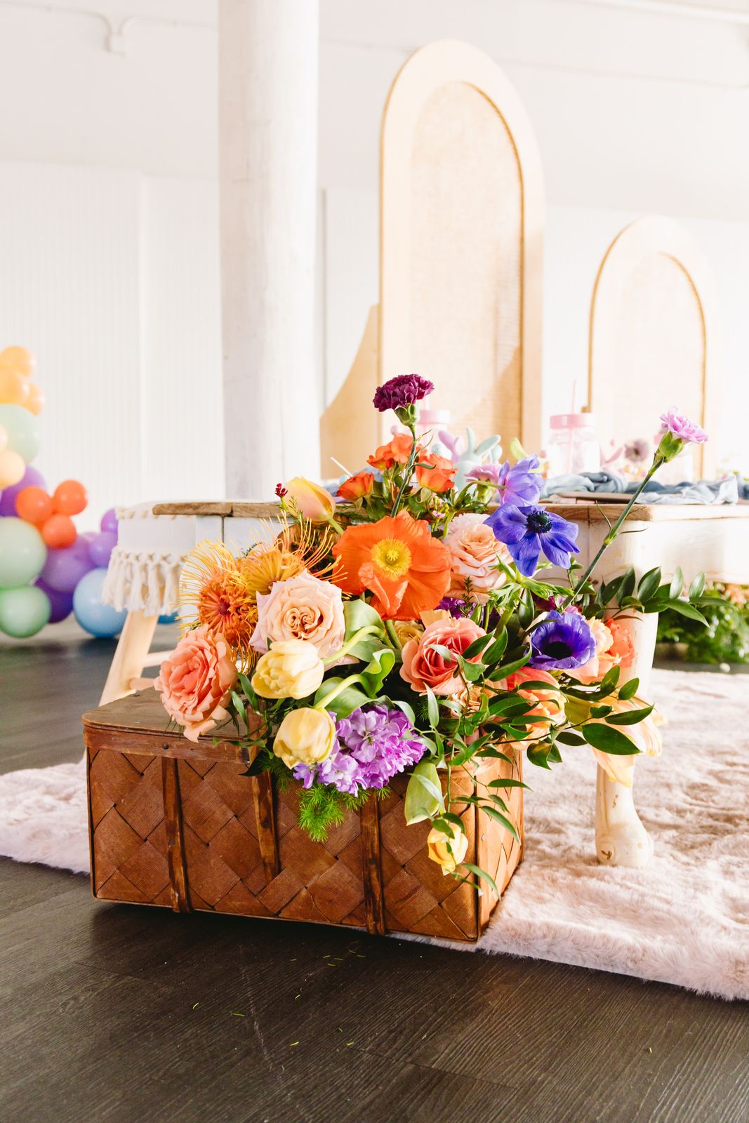 Colorful spring centerpiece on a low kids table